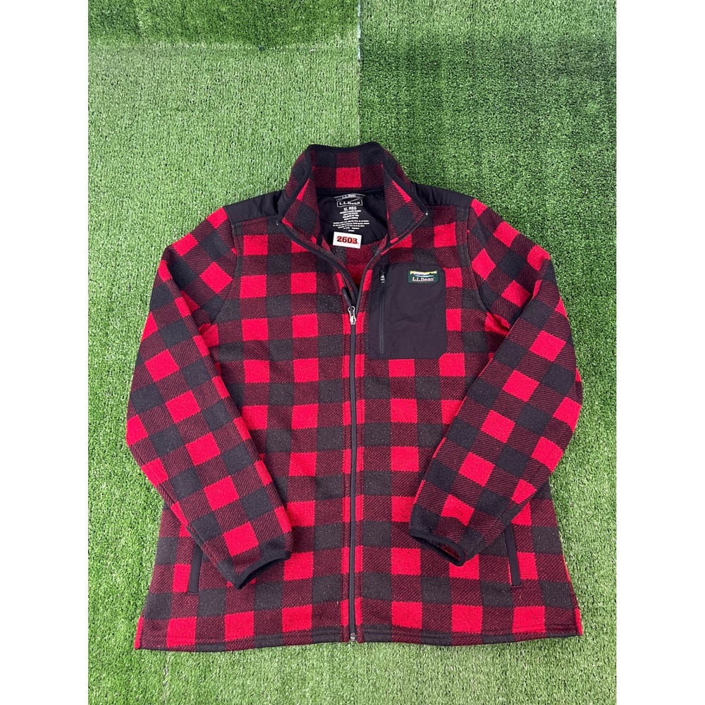 LL Bean Womens XL Buffalo Plaid Sweater Fleece Full Zip Jacket Red Black 512322